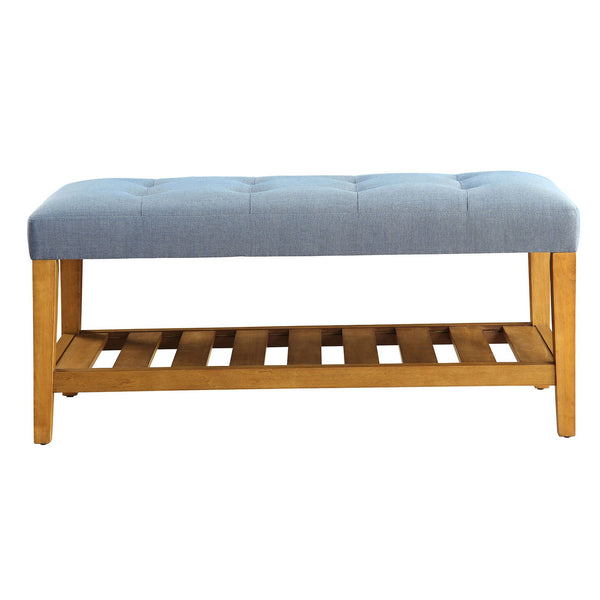 English Elm Light Tufted Padded Seat Bench with Oak Frame and Slatted Shelf — Light Blue Upholstery, Cozy Seating Elegance B062P189179