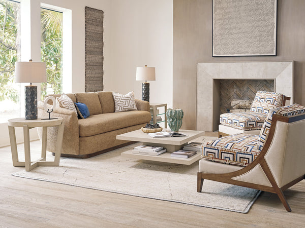 Lexington Tommy Bahama Home Prescott Tiered Cocktail Table - Modern White Oak Design With Asymmetrical Tops & Pedestal Base Sand Drift  578-947