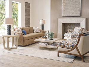 Lexington Tommy Bahama Home Shasta Elegant Round Lamp Table With Natural Travertine Top And Stylish Brushed Champagne Base Sand Drift  578-950