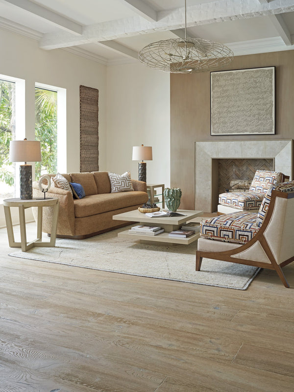 Lexington Tommy Bahama Home Prescott Tiered Cocktail Table - Modern White Oak Design With Asymmetrical Tops & Pedestal Base Sand Drift  578-947