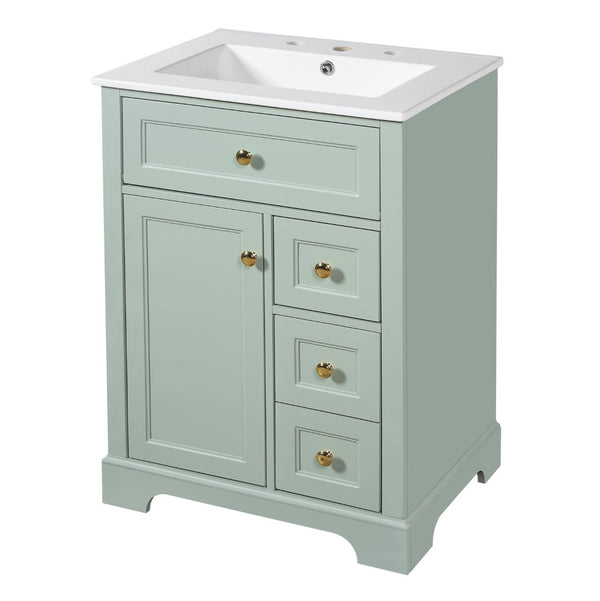 English Elm "24'' 24 Inch Glossy Freestanding Bathroom Vanity with Gold Hardware and Soft Close Storage Green Pinewood N725P375495F