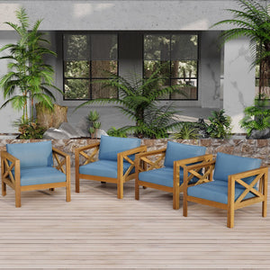 English Elm Christopher Knight Home® - Outdoor Acacia Wood Club Chairs Set Of 2 With Water-Resistant Blue Cushions For Stylish Patios N770P264304T