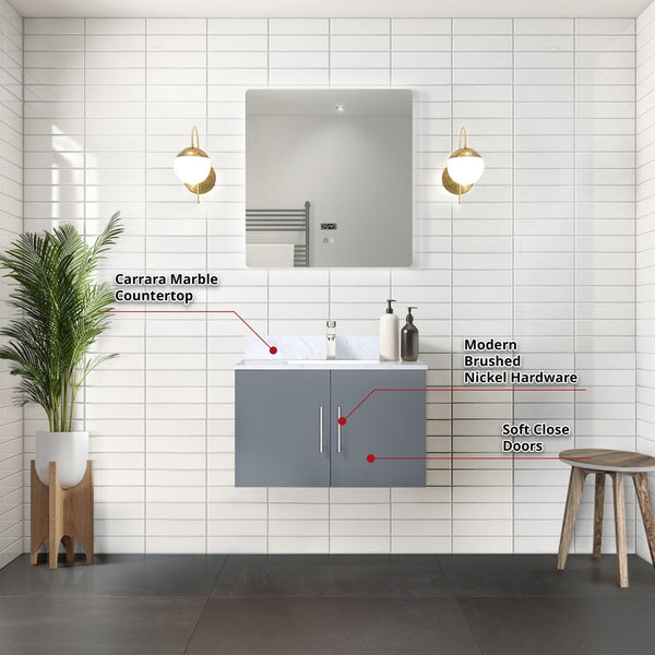English Elm Dark Grey Bath Vanity 30 in. W x 22 in. D with Carrara Marble Top, Chrome Faucet, LED Mirror, Durable Finish B2731S01242