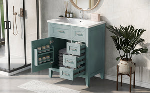 English Elm 30" Modern Bathroom Vanity with Sink Combo — Solid Rubberwood & MDF, 3 Drawers, Freestanding Contemporary Design Green N725P246482F