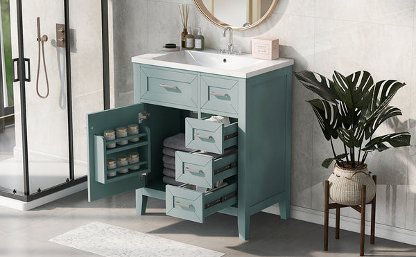 English Elm 30" Modern Bathroom Vanity with Sink Combo — Solid Rubberwood & MDF, 3 Drawers, Freestanding Contemporary Design Green N725P246482F