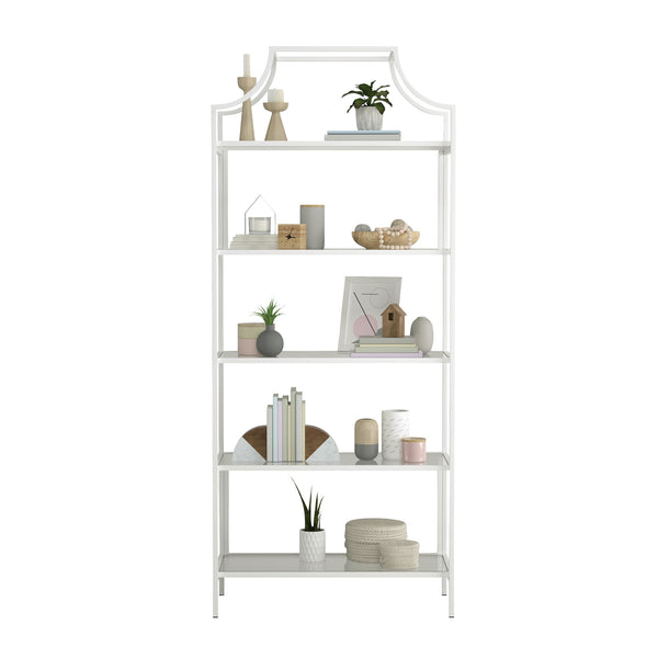 English Elm Bookcase, Elegant White Design With 5 Tempered Glass Shelves For Stylish Storage And Display B356P367938