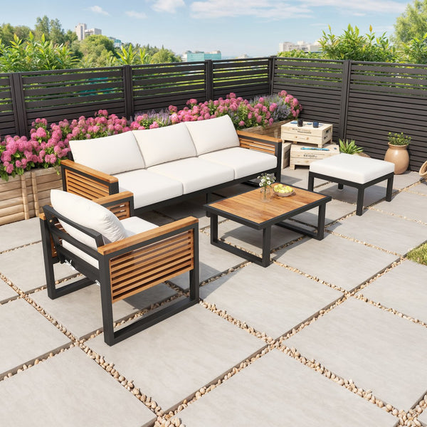English Elm Christopher Knight Home® - Outdoor 4-Piece Acacia Wood & Metal Patio Sofa Set - Stylish, Weather-Resistant Comfort For Your Space N757S438856B