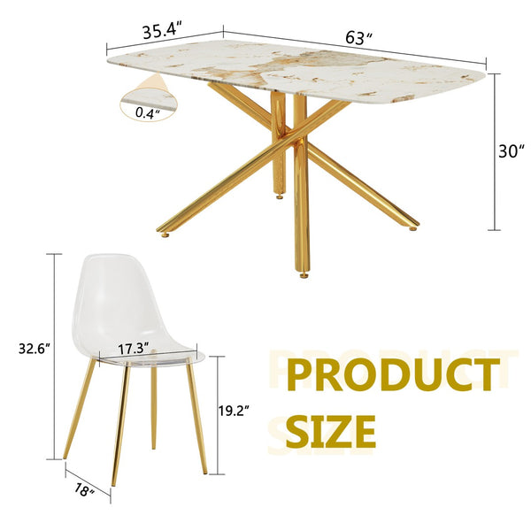 English Elm Table and Chairs Set Glam Marble Glass Top Gold Metal Base Seats Six Dining Room W1151S04616