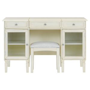 English Elm 2-in-1 Vanity Desk with Flip Mirror and Ample Storage — White Oak Dressing Table & Workstation N844P292487E