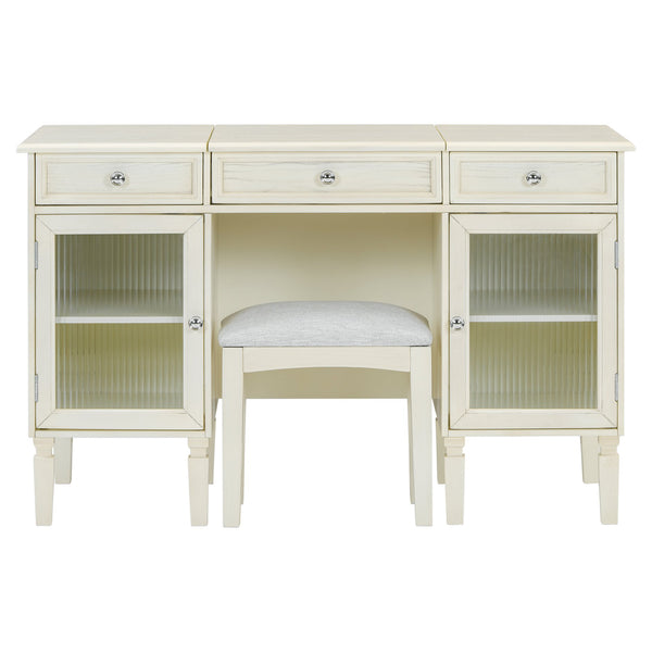 English Elm 2-in-1 Vanity Desk with Flip Mirror and Ample Storage — White Oak Dressing Table & Workstation N844P292487E