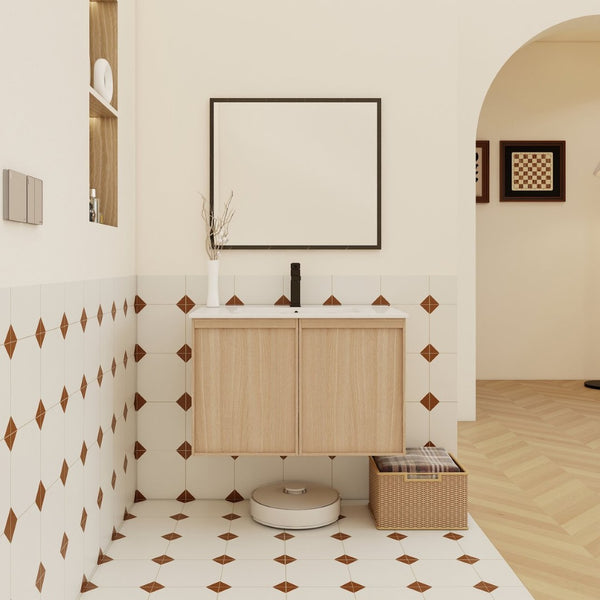 English Elm 30" Floating Bathroom Vanity Dark Oak Cabinet Ceramic Sink Open Shelf Soft Close Glossy White,Light Oak W3450P435844