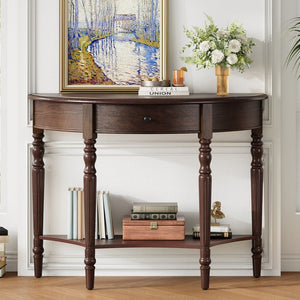 English Elm Trexm Farmhouse Half Moon Entryway Console with Drawer Open Shelf Pine Legs Espresso N715P383795P