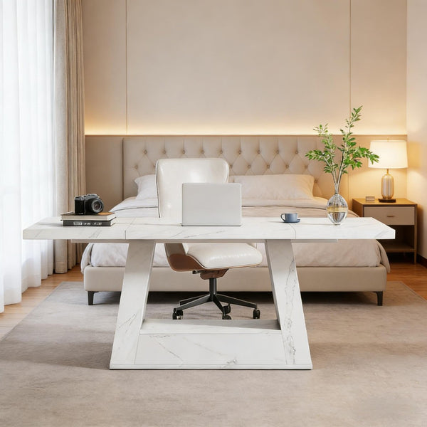 English Elm Spacious Faux Marble Executive Office Desk with Trapezoidal Legs for Modern Workspaces T3971P449349
