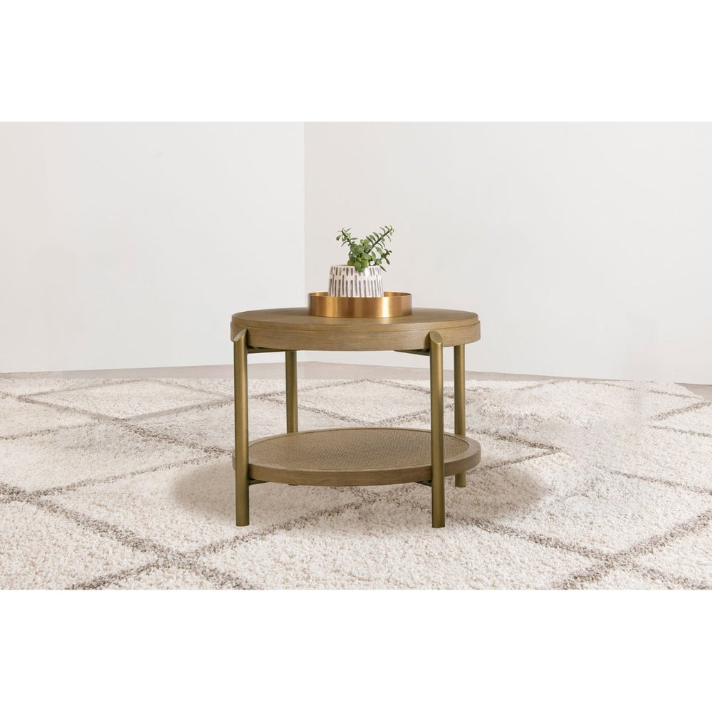English Elm Benson Round End Table with Woven Rattan Shelf and Aged Brass Legs for Living Room B062P440109