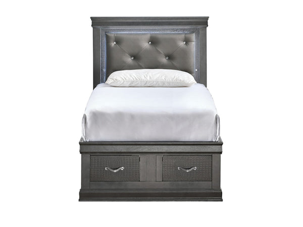 English Elm Lorana Glam Twin Storage Bed with Led Lighting and Tufted Faux Leather Headboard Gray B078S00690