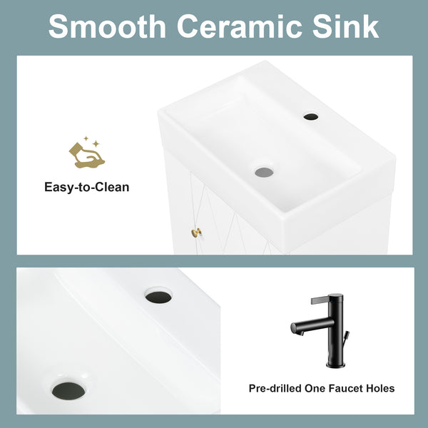 English Elm 20 Modern Wall-Mounted Bathroom Vanity with Ceramic Sink, Diamond Door, Gold Handles & Shelves — Compact White N725P314033K