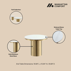 English Elm Glenn Gold Sintered Stone Top End Table – 19.7" Round Top, Modern Gold Stainless Steel Base, Elegant Decor B365S00102