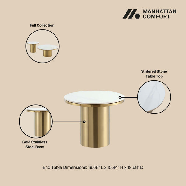 English Elm Glenn Gold Sintered Stone Top End Table – 19.7" Round Top, Modern Gold Stainless Steel Base, Elegant Decor B365S00102