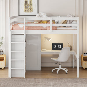 English Elm Wood Full Size Loft Bed with Built-In Desk, Wardrobe, Shelves & Drawers for Space-Saving Rooms White GX000466AAK