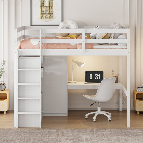English Elm Wood Full Size Loft Bed with Built-In Desk, Wardrobe, Shelves & Drawers for Space-Saving Rooms White GX000466AAK