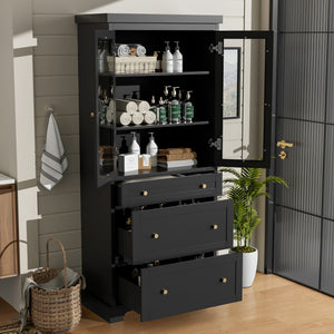 English Elm 70.1" Modern Tall Storage Cabinet with 3 Drawers, 2 Adjustable Shelves, Soft-Close Glass Doors, Gold Handles Black N729P271979B