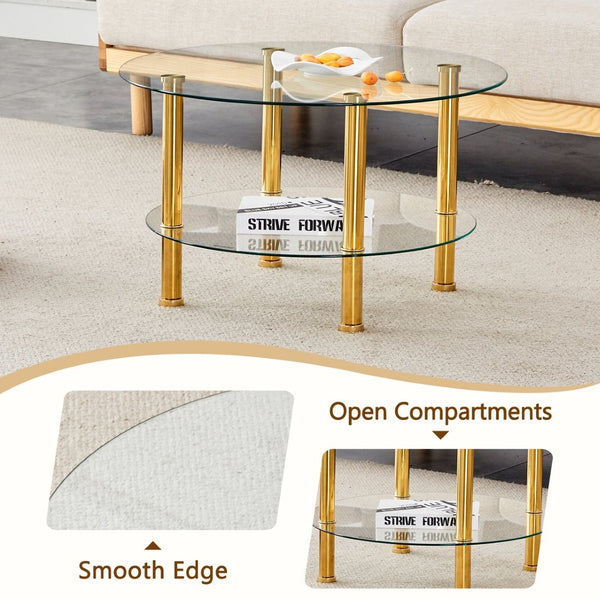 English Elm Contemporary Round Tempered Glass Coffee Table Gold Legs Open Shelf Living Room W1151P234005