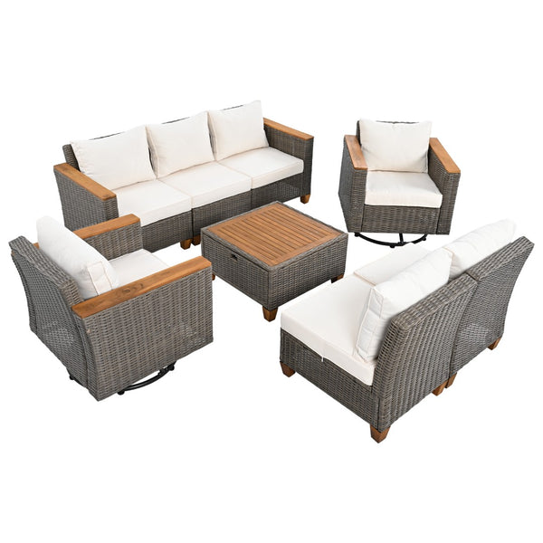 English Elm K&k 8 Piece Outdoor Wicker Sectional Set with Swivel Rockers and Acacia Storage Table Beige+Brown N707S005016Z