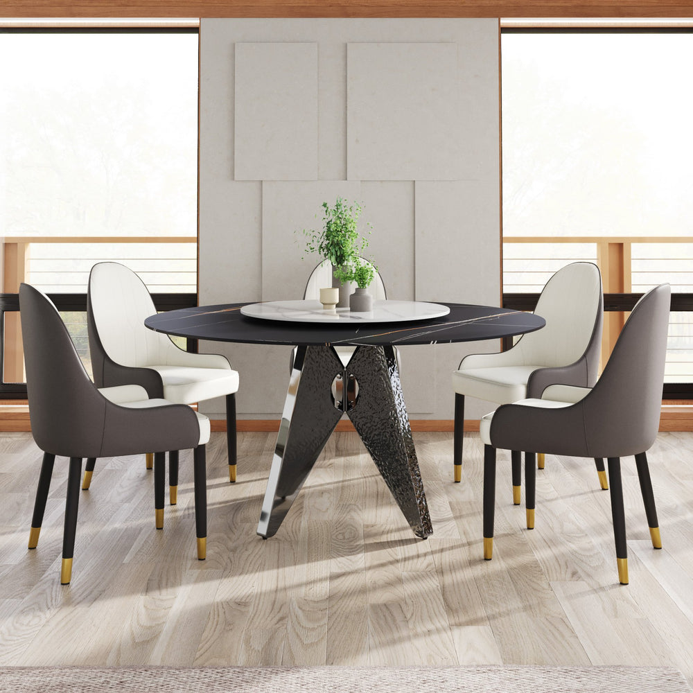 English Elm 59.05" Round Marble Dining Table With Silver Stainless Steel Base & 31.5" Lazy Susan For 6-8 Guests W1535S00393