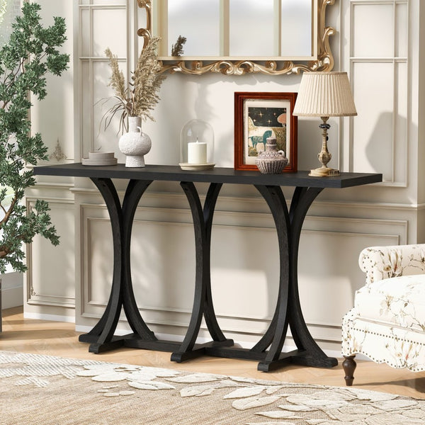 English Elm U-style Farmhouse Console Table Oak Veneer Top Curved Rubberwood Legs Entryway N711P295300B