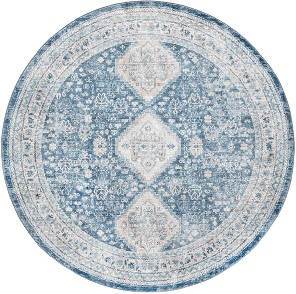 Unique Loom Newport Rosecliff Machine Made Border Rug Navy Blue, Ivory/Light Blue 7' 1" x 7' 1"