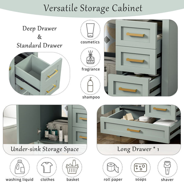 English Elm 30" Modern Bathroom Vanity with Solid Wood Frame, 3 Soft-Close Drawers and Ceramic Sink, Sleek Design Sage Green N729P170557G