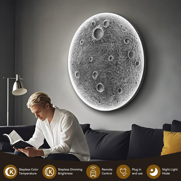 English Elm 48-Inch Resin Moon Wall Light with Remote — 48" Realistic Crater Halo, Dimmable 45W Main & 20W Night W2869P361866
