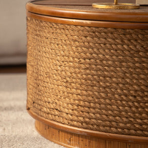 English Elm Round Rattan Storage Coffee Table Hand Woven Hemp Trim Bohemian Accent for Living Rooms W3081P464744