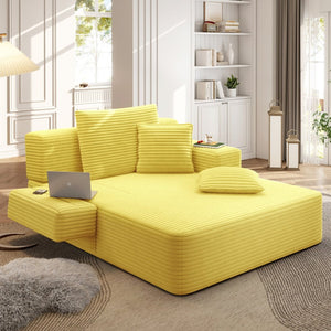 English Elm Luxurious Corduroy Frameless Chaise Sofa Bed with Spring Cushion and Storage Pocket Yellow W3219P496262