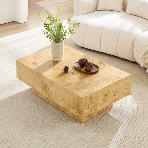 English Elm 43.31 Inch Burl Veneer Rectangular Coffee Table Mid-century Pedestal Base Living Room Natural W2582P431210