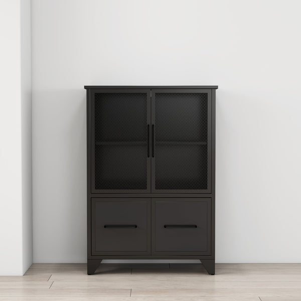 English Elm Storage Cabinet Matte Iron Four Door Sideboard with Adjustable Shelf for Modern Interiors Black W3151P407882