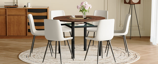 English Elm Table Set 42 Inch Round Wood Grain Mdf with Glass Inlay and 4 Ergonomic Chairs Brown+Black,White W1151S04488