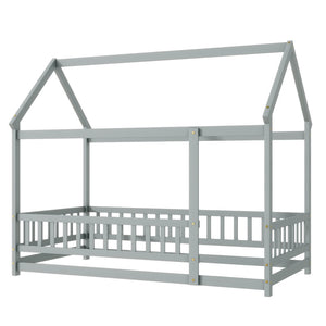 English Elm Twin Floor Wooden House Bed With Roof Frame & Guardrails - Cozy Grey Design For Kids' Rooms W504P286402-GIGA