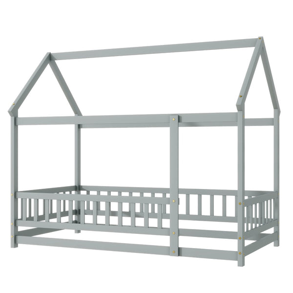English Elm Twin Floor Wooden House Bed With Roof Frame & Guardrails - Cozy Grey Design For Kids' Rooms W504P286402-GIGA