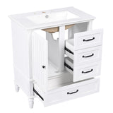 English Elm 30" Bathroom Vanity With Sink, Bathroom Cabinet With A Door, Three Drawers, Solid Wood Legs & Mdf Board, Adiustable Foot Pads, White