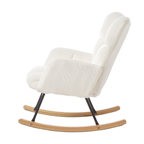 English Elm Glider Tufted Teddy Fabric Rocking Chair with Metal Frame and Rubberwood Legs, Plush Cozy Seat Ivory W1097P366852
