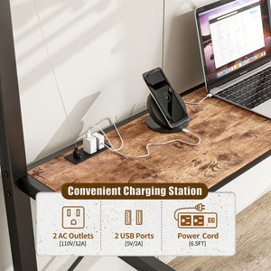 English Elm Twin Heavy Duty Loft Bed with L-Shape Desk, Shelves, USB Charging, LED Lights, Guard Rail, Brown W840P210910