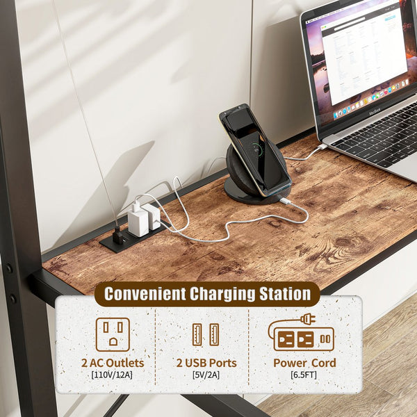 English Elm Twin Heavy Duty Loft Bed with L-Shape Desk, Shelves, USB Charging, LED Lights, Guard Rail, Brown W840P210910