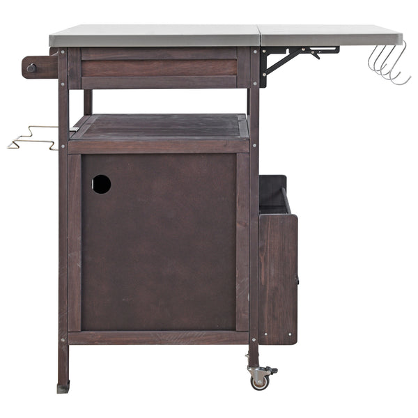English Elm K&K 40.5" Outdoor Grill Cart with 201 Stainless Top, Solid Fir Storage, Drop Leaf & Lockable Wheels Brown N707P228272Z