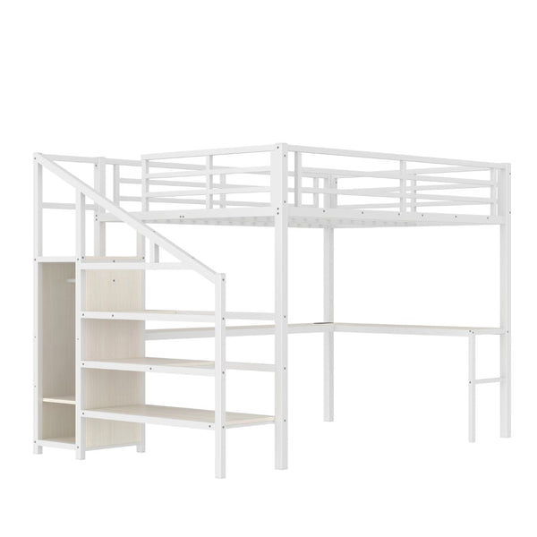 English Elm Queen Size Loft Bed With L-Shaped Desk, Usb Charging & Led Lights - Stylish Storage For All Spaces W1580S00181-GIGA