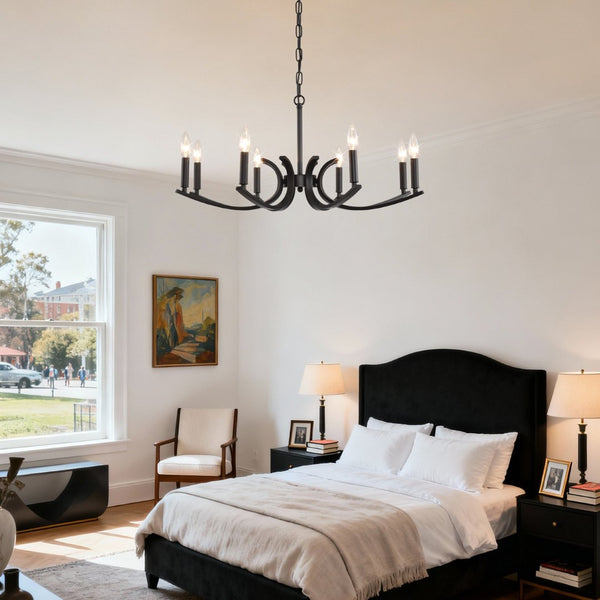 English Elm 8-light Industrial Farmhouse Chandelier Black Metal Frame for Vaulted Dining Rooms W5008P392711
