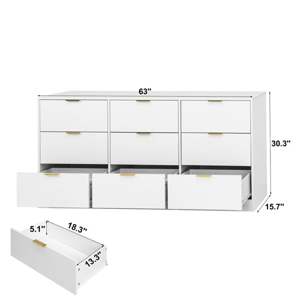 English Elm 9 Drawer Handleless White Matte Dresser Sleek Minimalist Storage for Bedroom or Hallway White W409S00015