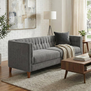English Elm Modern Chenille Three Seater Sofa with Channel Tufted Back and Birch Wood Legs Grey N763S000100E