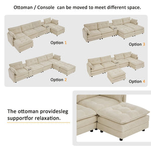 English Elm 154" Corduroy U-shaped Sectional with Ottomans Six Seat Modular Cloud Sofa Usb Console Beige W1998S00101