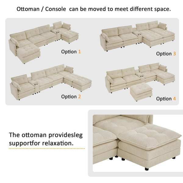 English Elm 154" Corduroy U-shaped Sectional with Ottomans Six Seat Modular Cloud Sofa Usb Console Beige W1998S00101